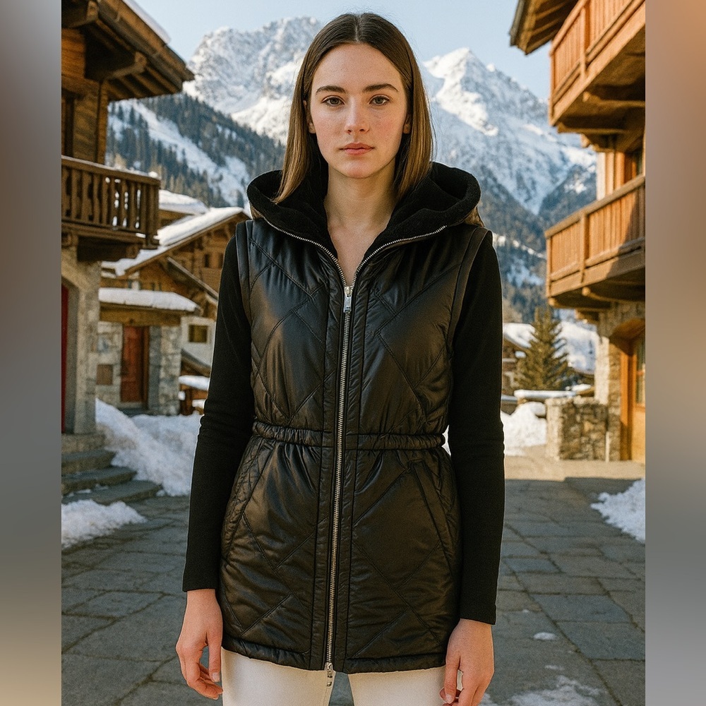 Black Quilted Apres Ski Vest Faux Fur Lining Goth Black Academia MarlaWynne Sz S